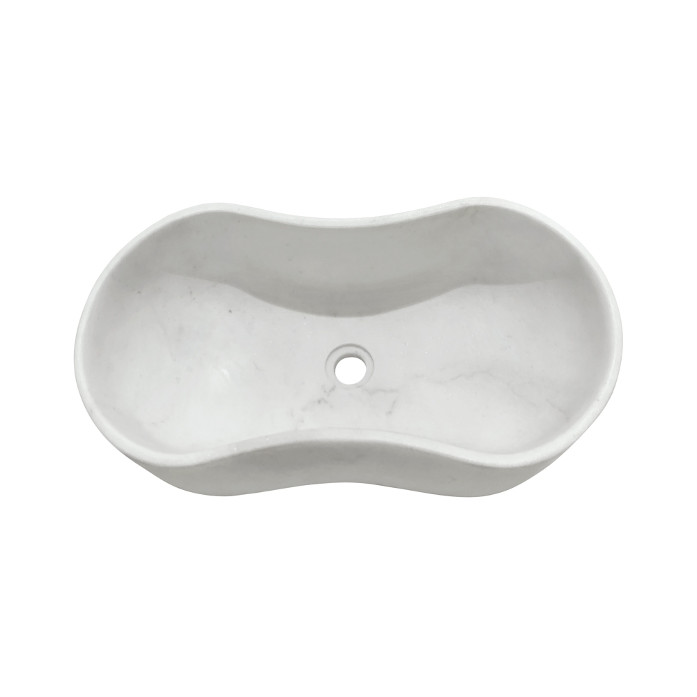 White Natural Marble Bathroom Vessel Sink, Wavy Design, Semi-Polished Surface, Real Marble, 23.6x14.2xH7.1 inches/600x360xH180 mm