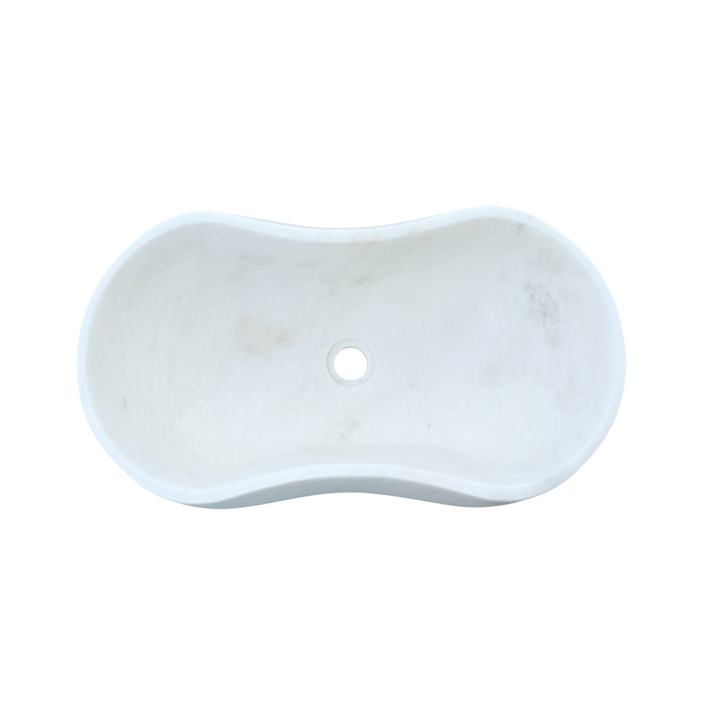 White Natural Marble Bathroom Vessel Sink, Wavy Design, Semi-Polished Surface, Real Marble, 23.6x14.2xH7.1 inches/600x360xH180 mm