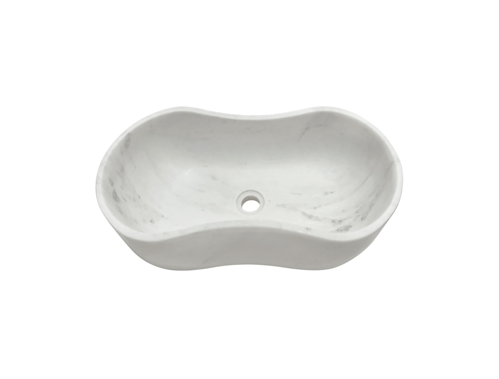 White Natural Marble Bathroom Vessel Sink, Wavy Design, Semi-Polished Surface, Real Marble, 23.6x14.2xH7.1 inches/600x360xH180 mm