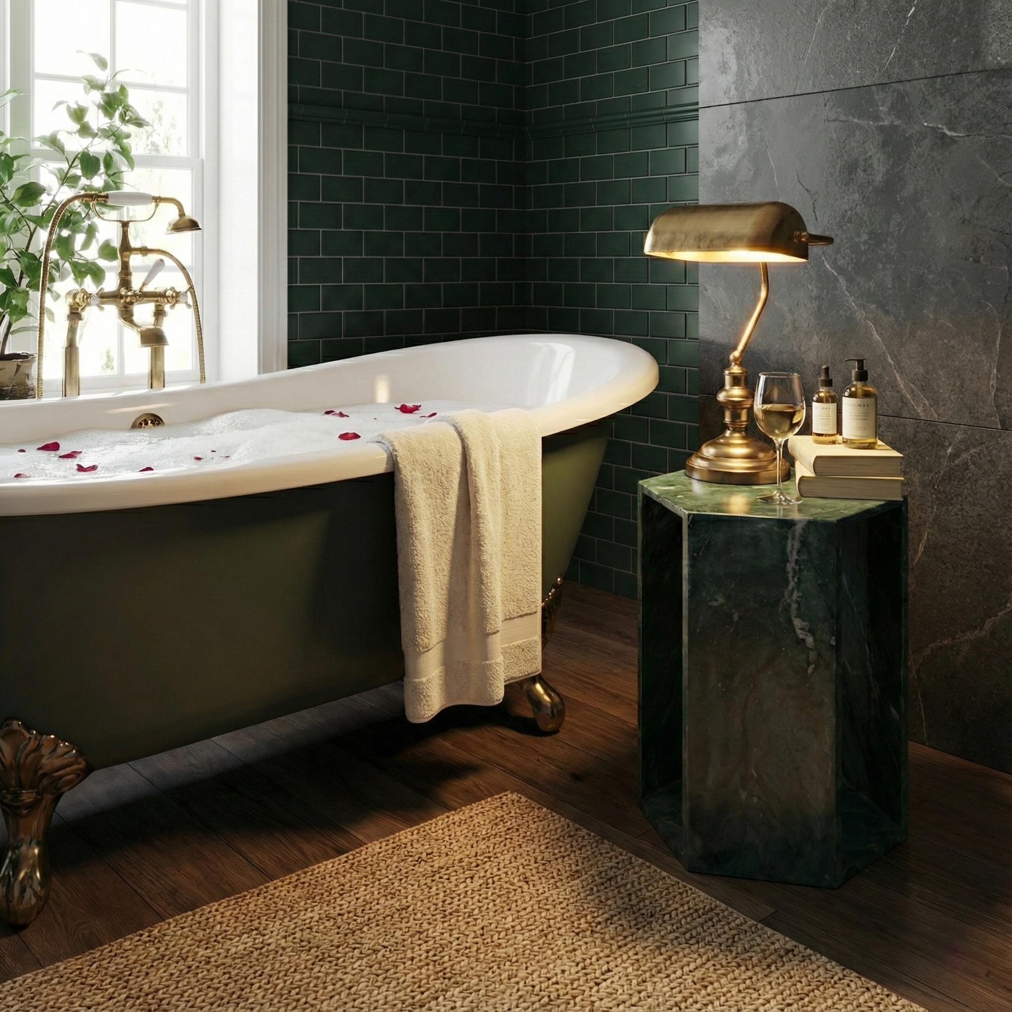 Diamond Green marble hexagon side table placed beside a freestanding bathtub in a luxury spa bathroom setting.