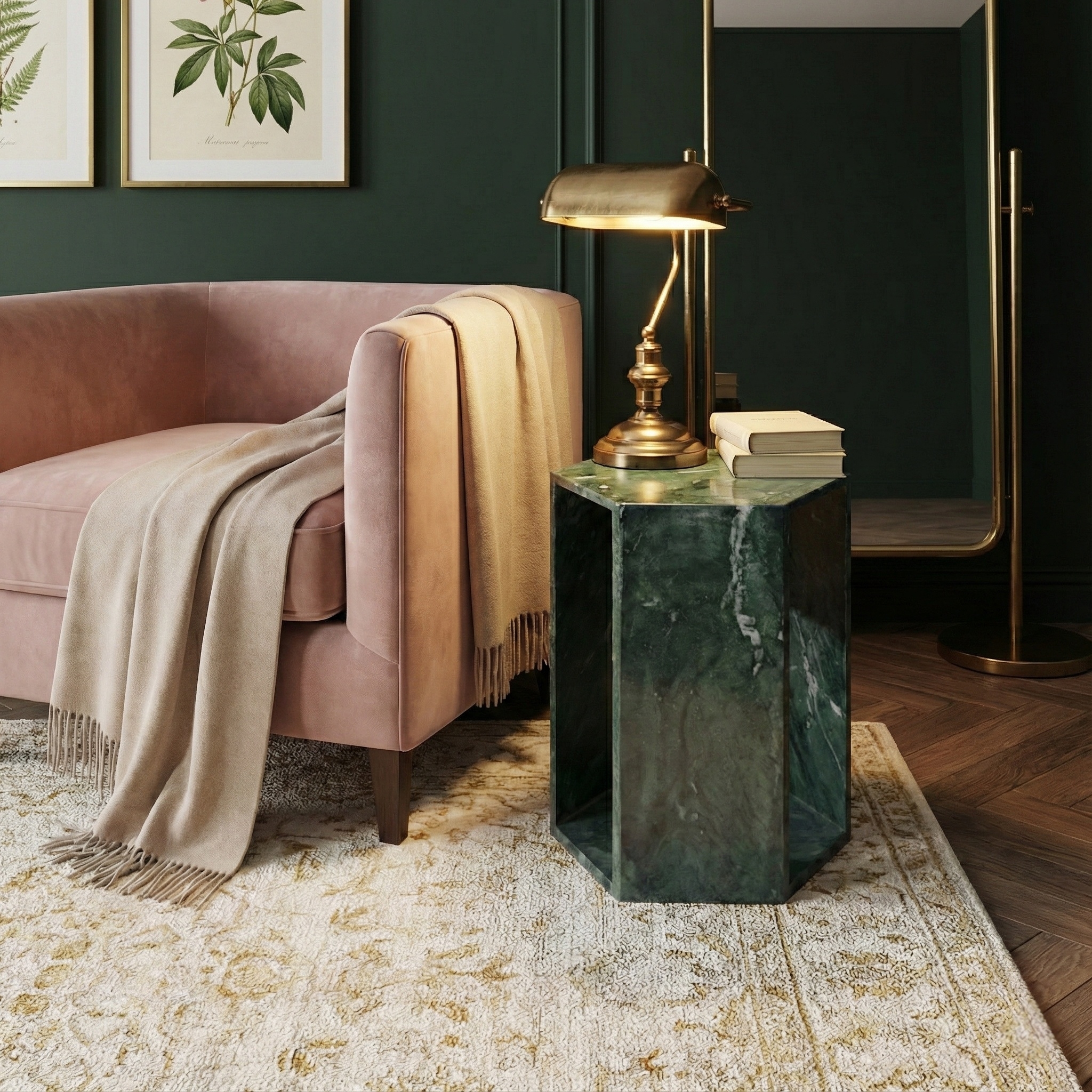 Luxury Diamond Green marble hexagon side table styled in a chic living room next to a pink velvet armchair and brass lamp.