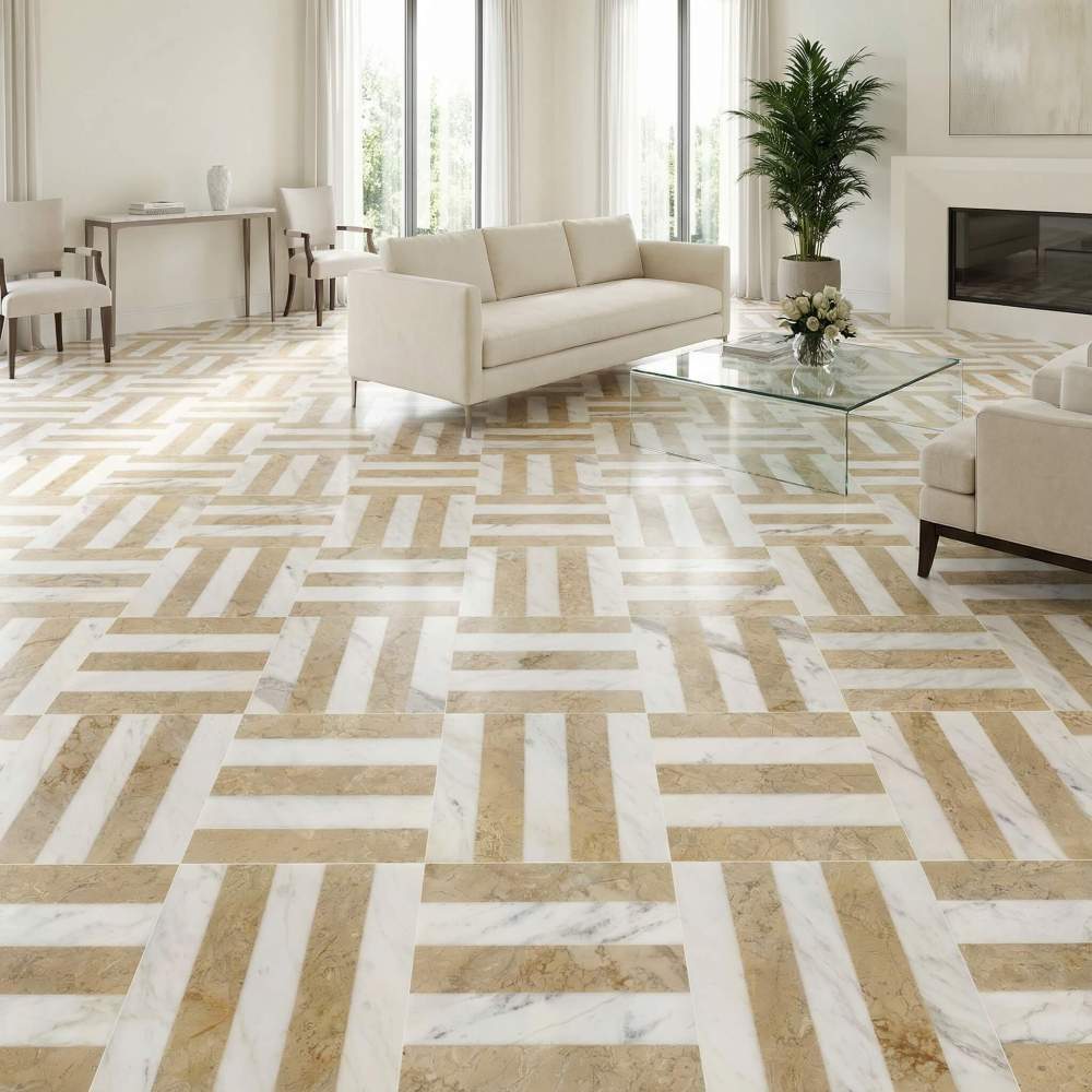 Contemporary living room scene highlighting the geometric beauty of Snow Mountain White and Hyatt Gold marble flooring. The linear tile pattern draws the eye towards the fireplace, complementing the minimalist furniture and bright windows.