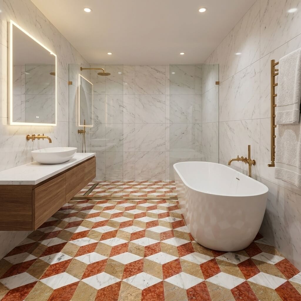 Modern luxury bathroom featuring hexagon 3D cube marble floor tiles in red, white, and gold, complemented by a white freestanding tub and brushed gold fixtures.
