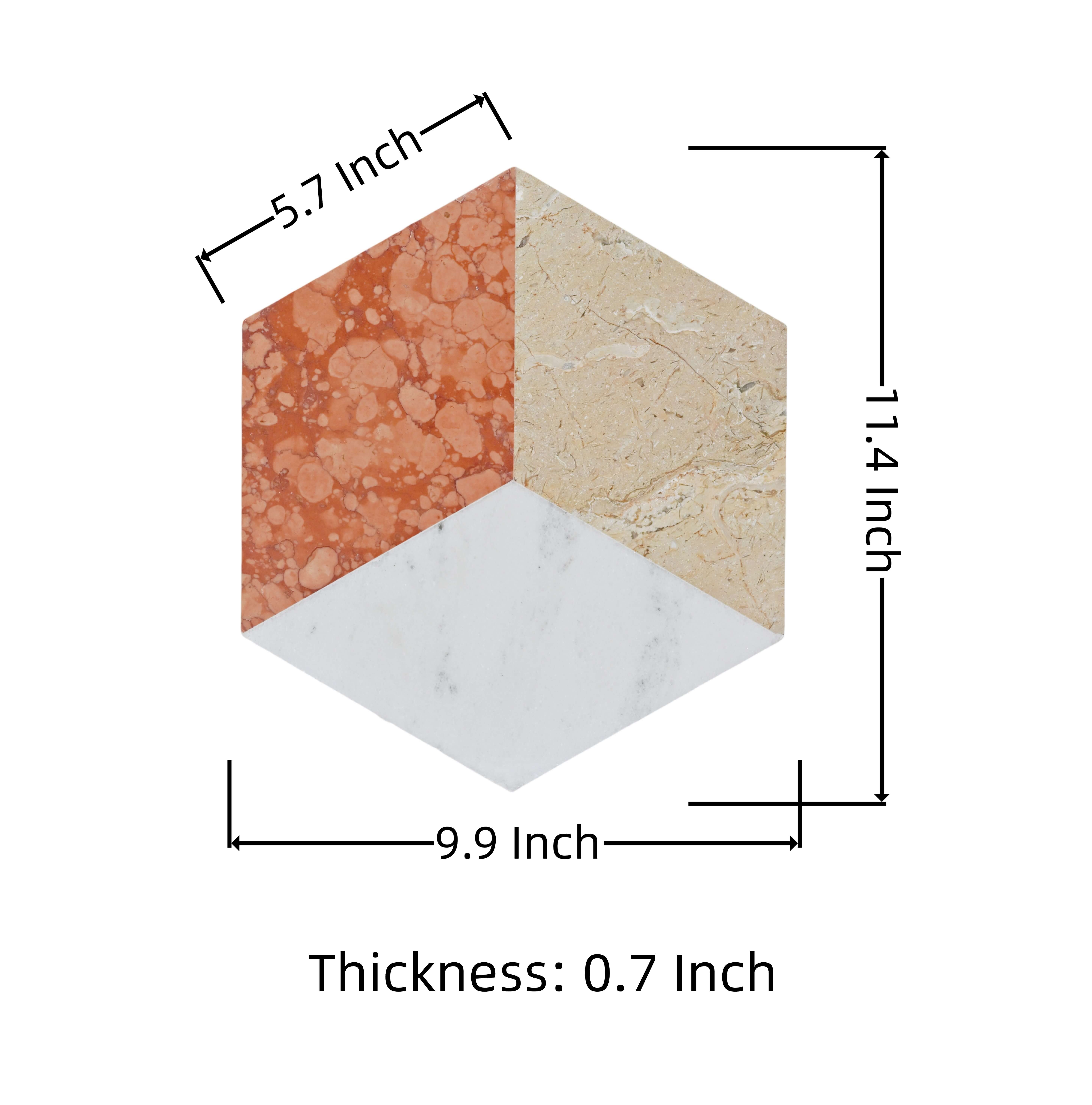 Dimension diagram of hexagon marble tile showing 9.9 inch width, 11.4 inch height, and 0.7 inch thickness with 5.7 inch side length for installation planning.