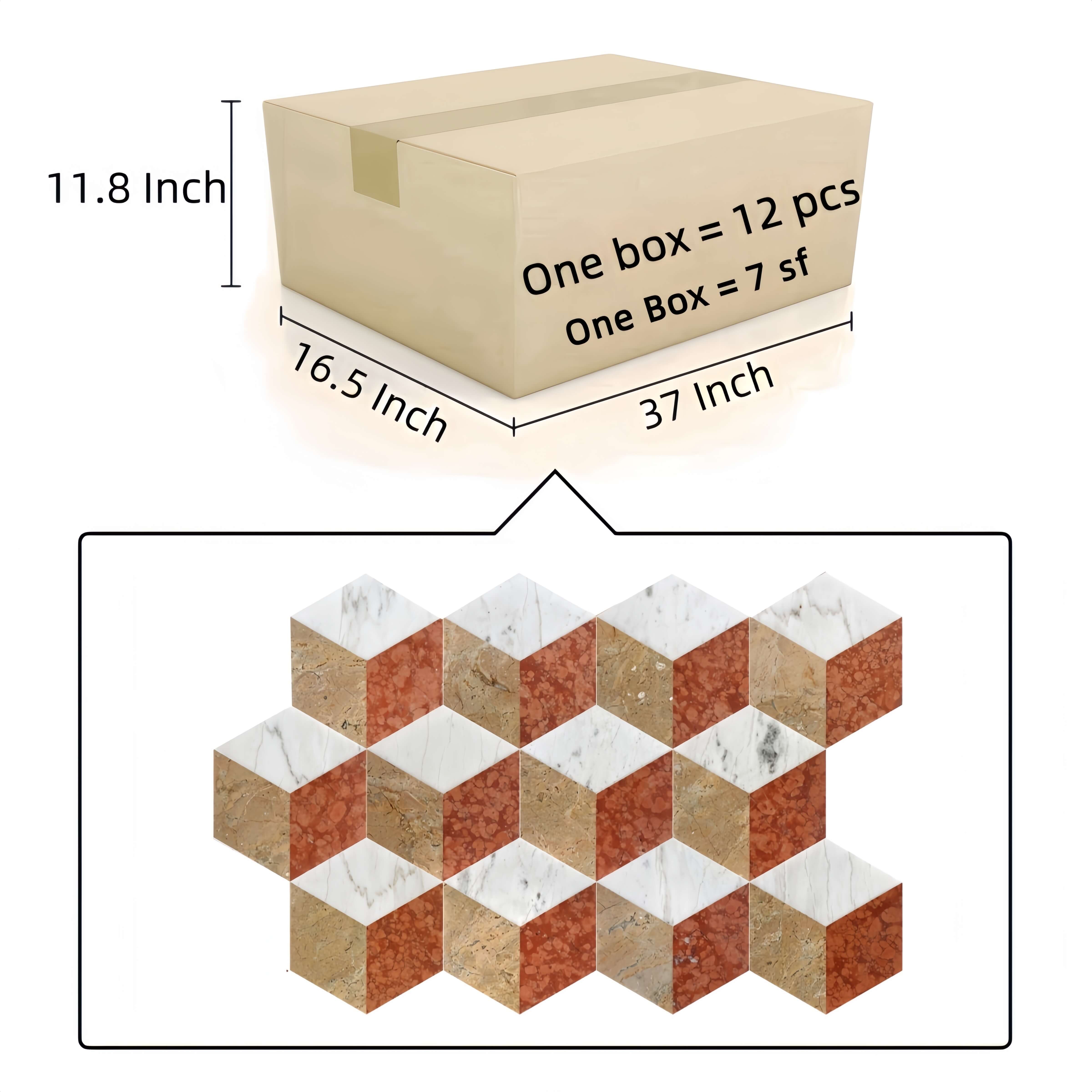 Shipping box containing 12 pieces of hexagon marble tiles covering 7 square feet, displaying the continuous 3D geometric cube pattern when installed.
