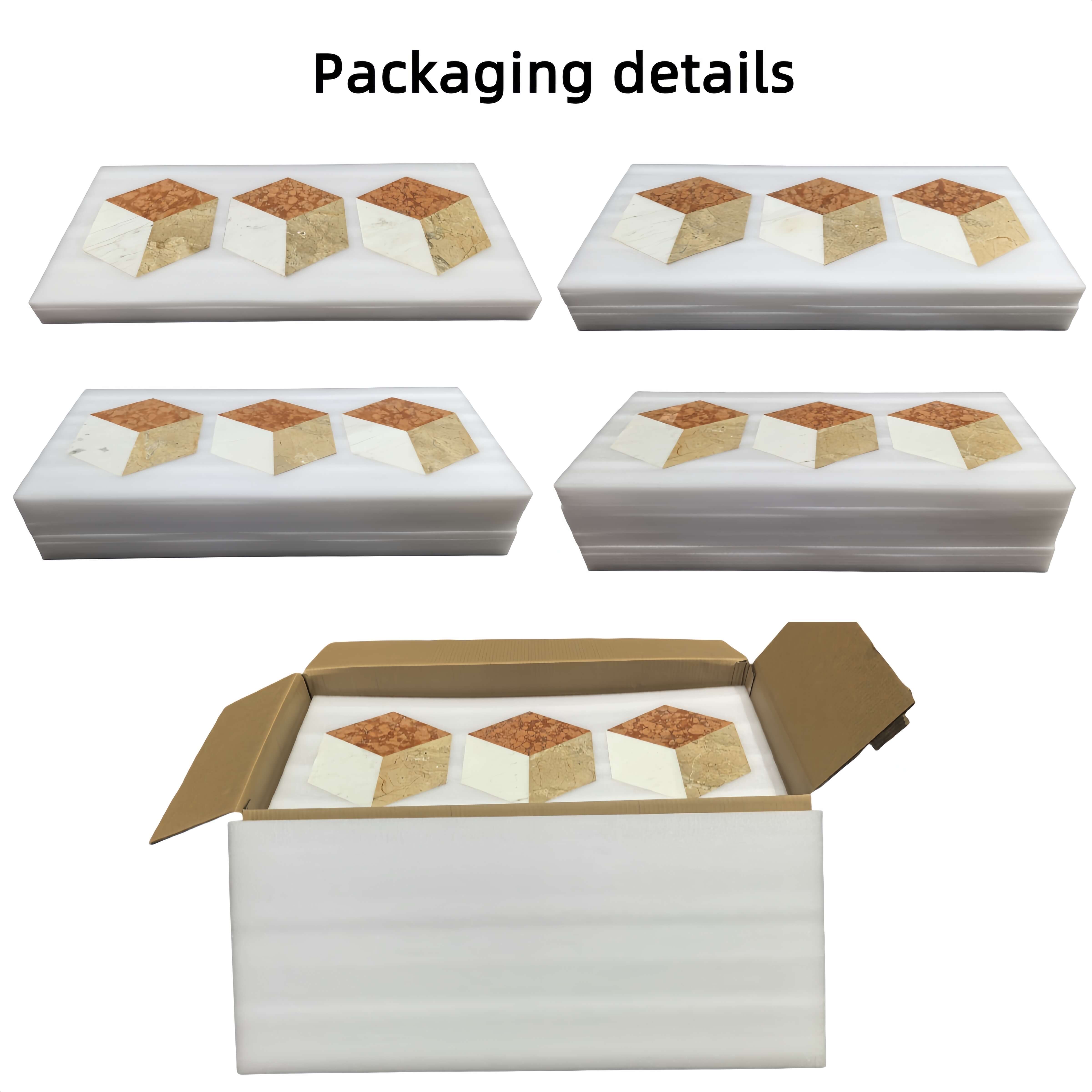 Detailed view of custom-fit foam packaging for hexagon marble tiles, ensuring secure protection and breakage-free shipping for every box of 12 pieces.