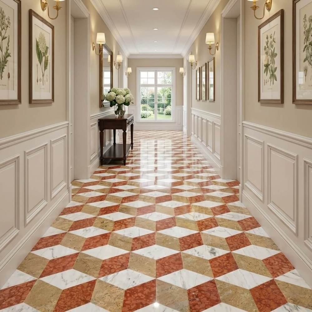 Long traditional hallway featuring classic white wainscoting and hexagon marble floor tiles laid to create a continuous 3D geometric runner effect.
