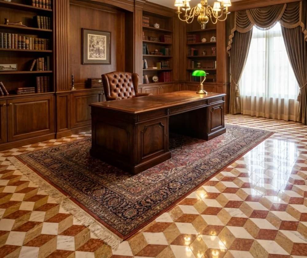 Classic executive home office design featuring hexagon 3D cube marble floor tiles paired with rich dark wood paneling, a Persian rug, and a leather desk.