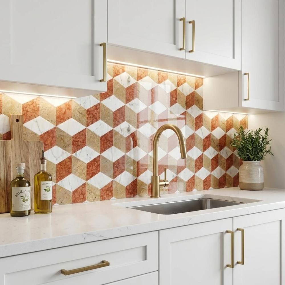 Elegant kitchen backsplash design using geometric 3D cube marble tiles, paired with clean white cabinetry and a modern gold kitchen faucet.