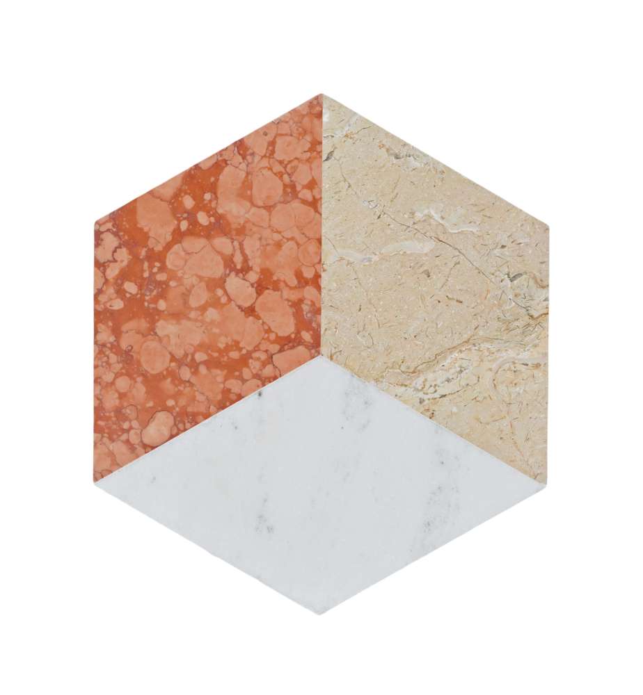 Hexagon waterjet marble mosaic tile featuring a 3D cube geometric pattern with Red, Gold, and White natural stone for luxury floor and wall decor.