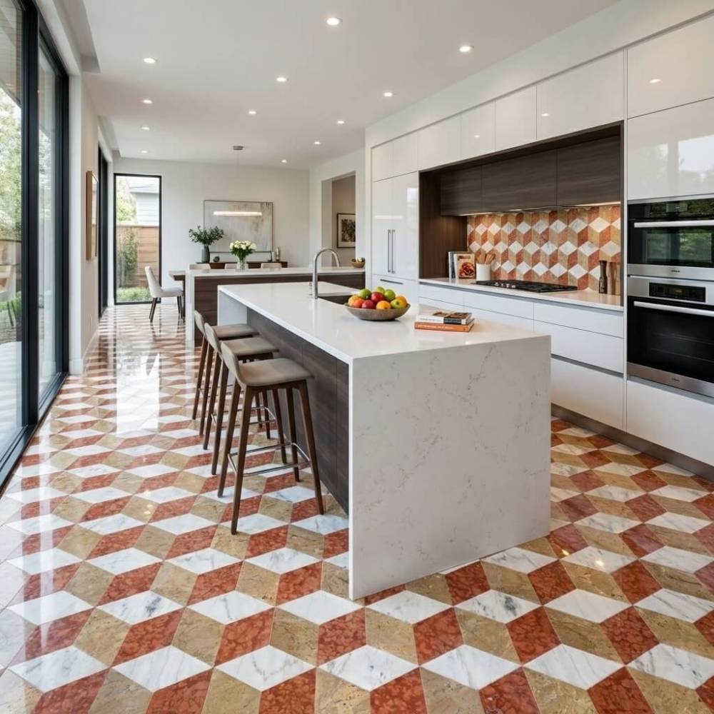 Spacious open-concept kitchen and dining area featuring high-gloss polished hexagon marble flooring with a bold red, white, and beige geometric pattern.
