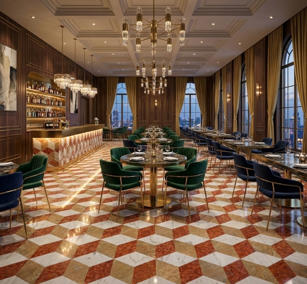 Upscale commercial restaurant interior showcasing hexagon waterjet marble tiles installed on both the dining floor and the bar counter front, paired with velvet green seating.