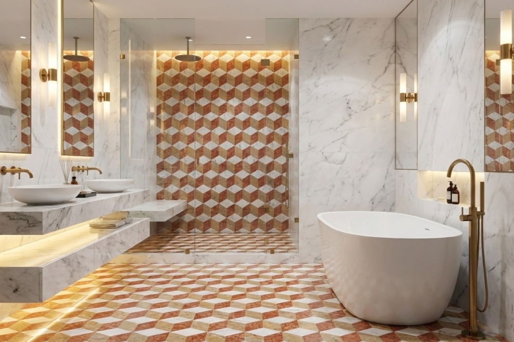 Walk-in shower and bathroom floor showcasing waterjet marble mosaic tiles in a seamless 3D cube pattern, creating a striking floor-to-ceiling feature wall.