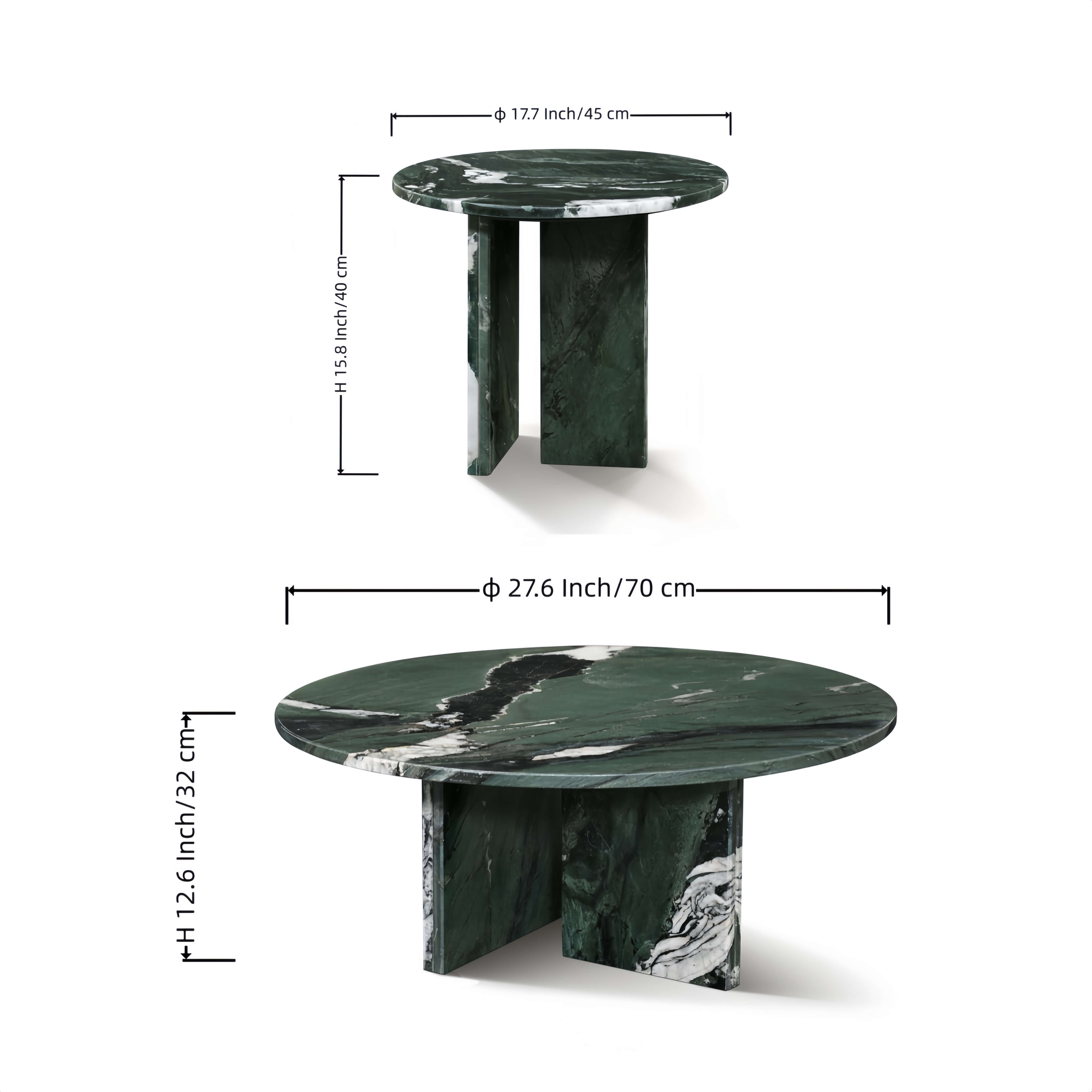 Dimension diagram of 2-piece green marble nesting coffee table set showing large table (27.6 inches/70cm) and small side table (17.7 inches/45cm) height and width.