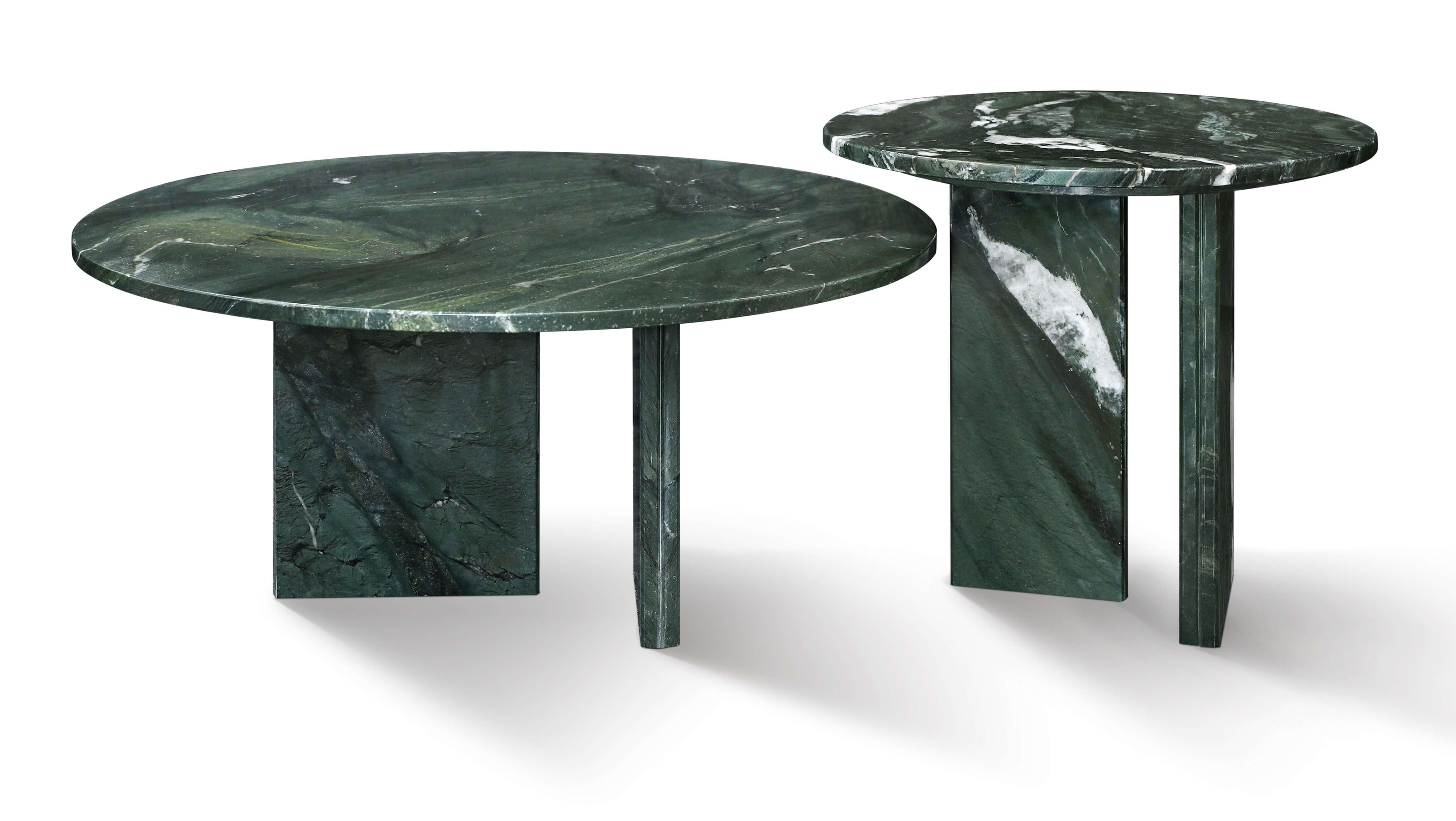 2-piece emerald green marble coffee table set displayed side by side, featuring premium natural stone construction available in US warehouse stock.