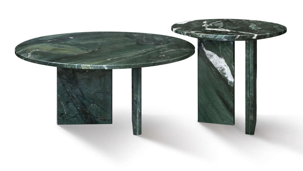 2-piece emerald green marble coffee table set displayed side by side, featuring premium natural stone construction available in US warehouse stock.