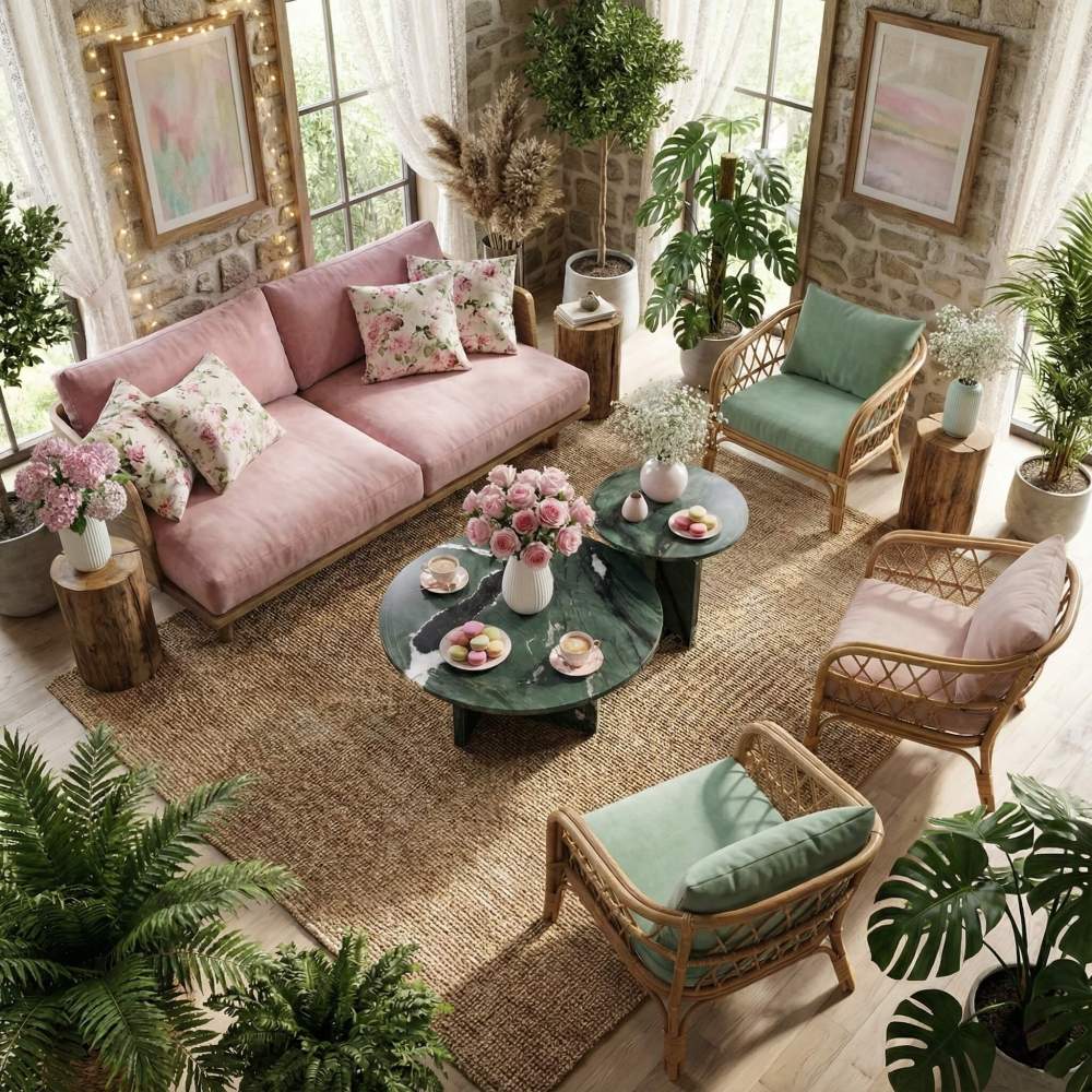 Bohemian chic living room inspiration with floral accents and rattan furniture, centered around a natural green stone coffee table set.
