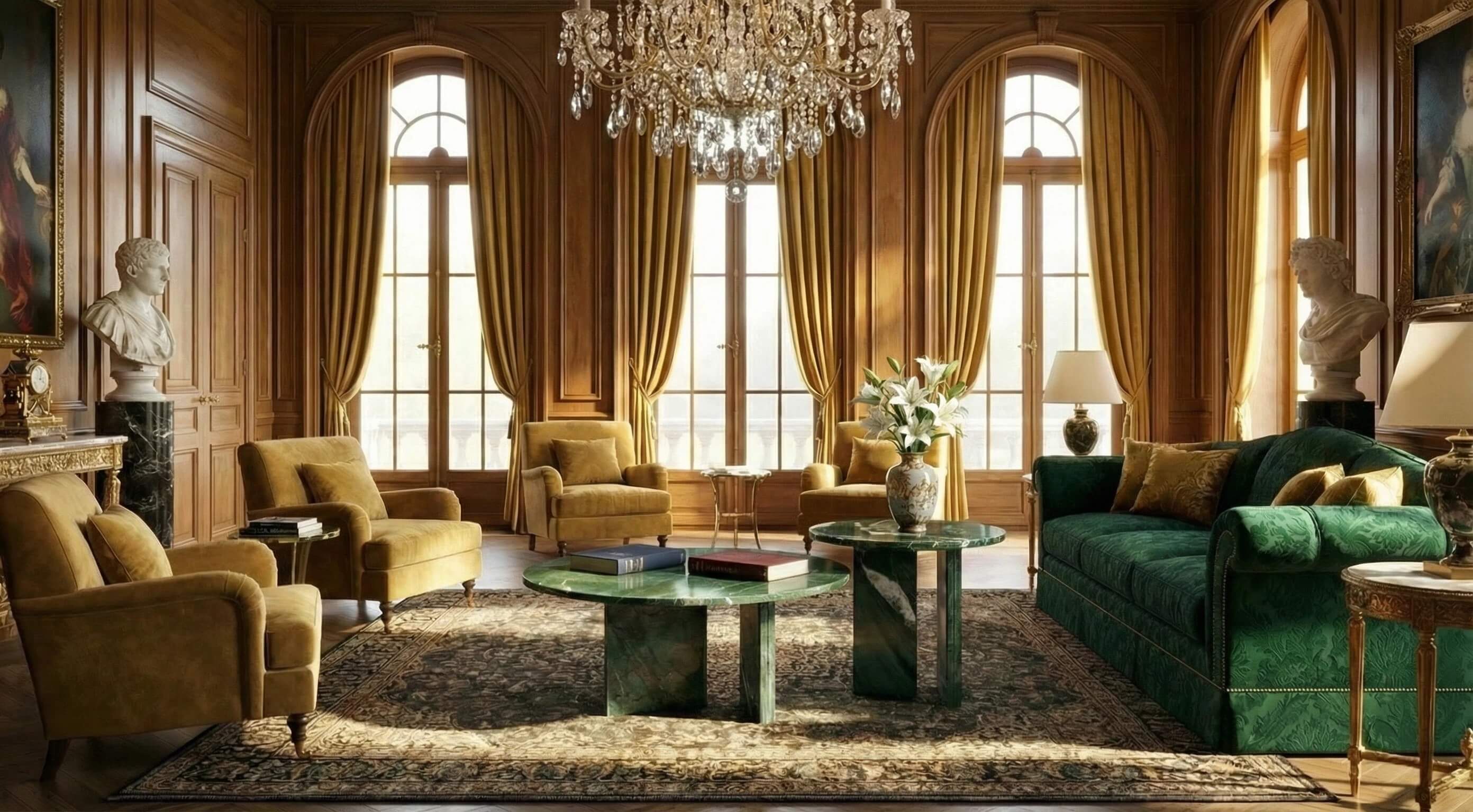 Elegant round stone coffee table set placed in a bright, naturally lit living room with wood floors and neutral decor, showcasing versatile home styling.