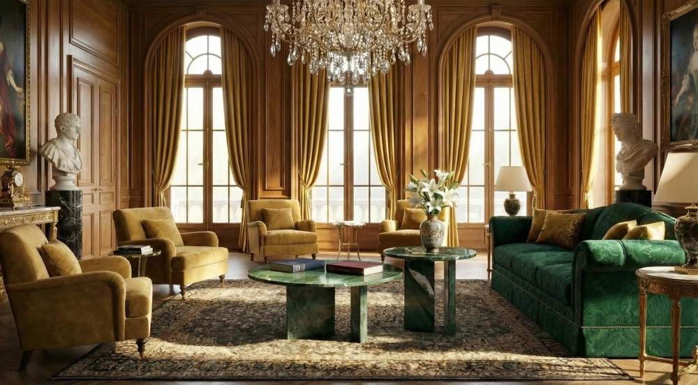Elegant round stone coffee table set placed in a bright, naturally lit living room with wood floors and neutral decor, showcasing versatile home styling.