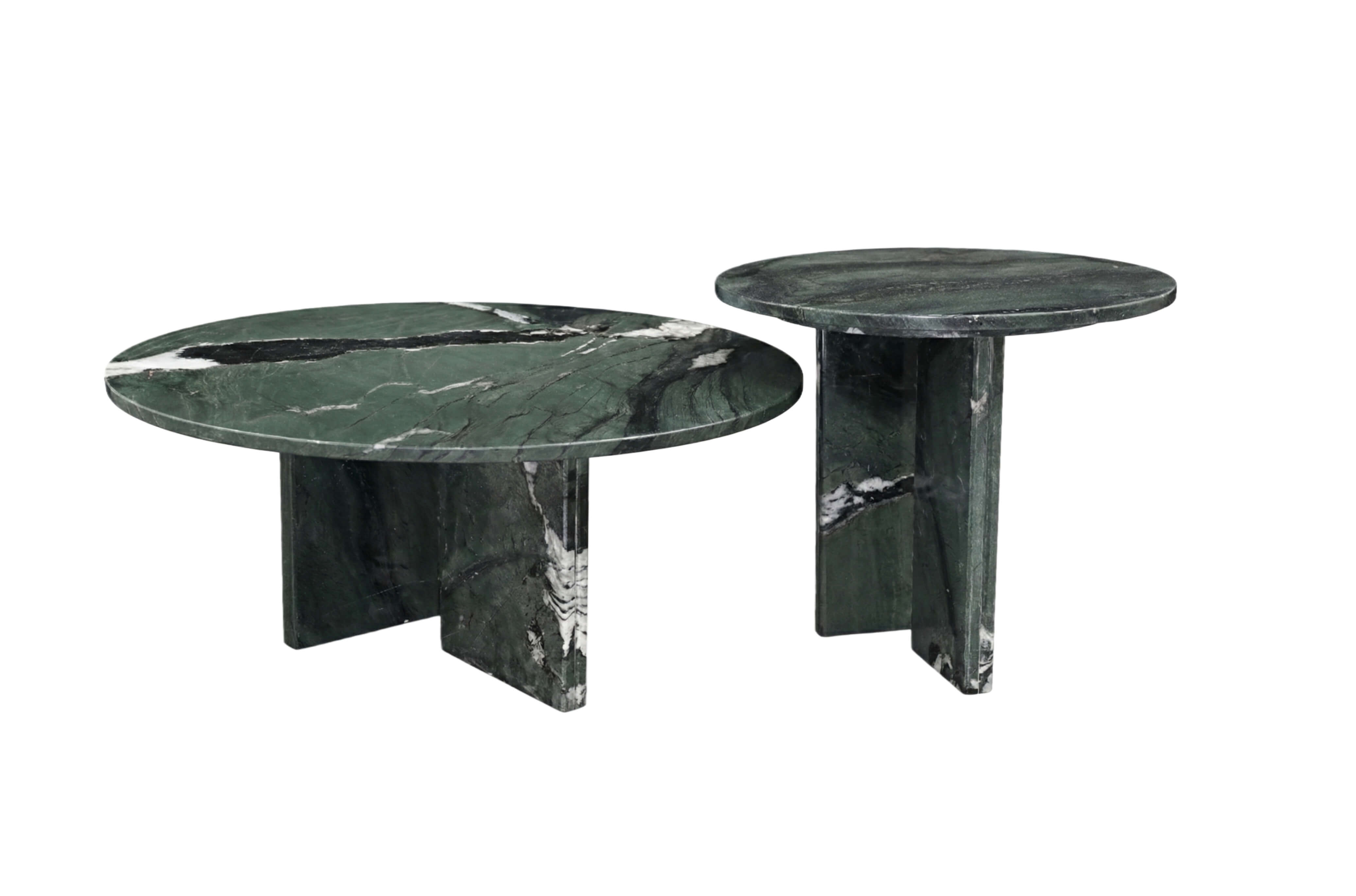 Side view of green marble accent table set highlighting the sturdy geometric stone base connectors and easy-to-assemble structural design.