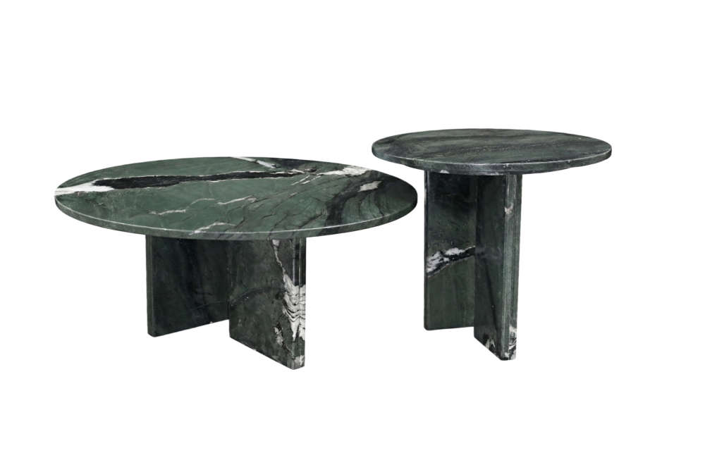Side view of green marble accent table set highlighting the sturdy geometric stone base connectors and easy-to-assemble structural design.
