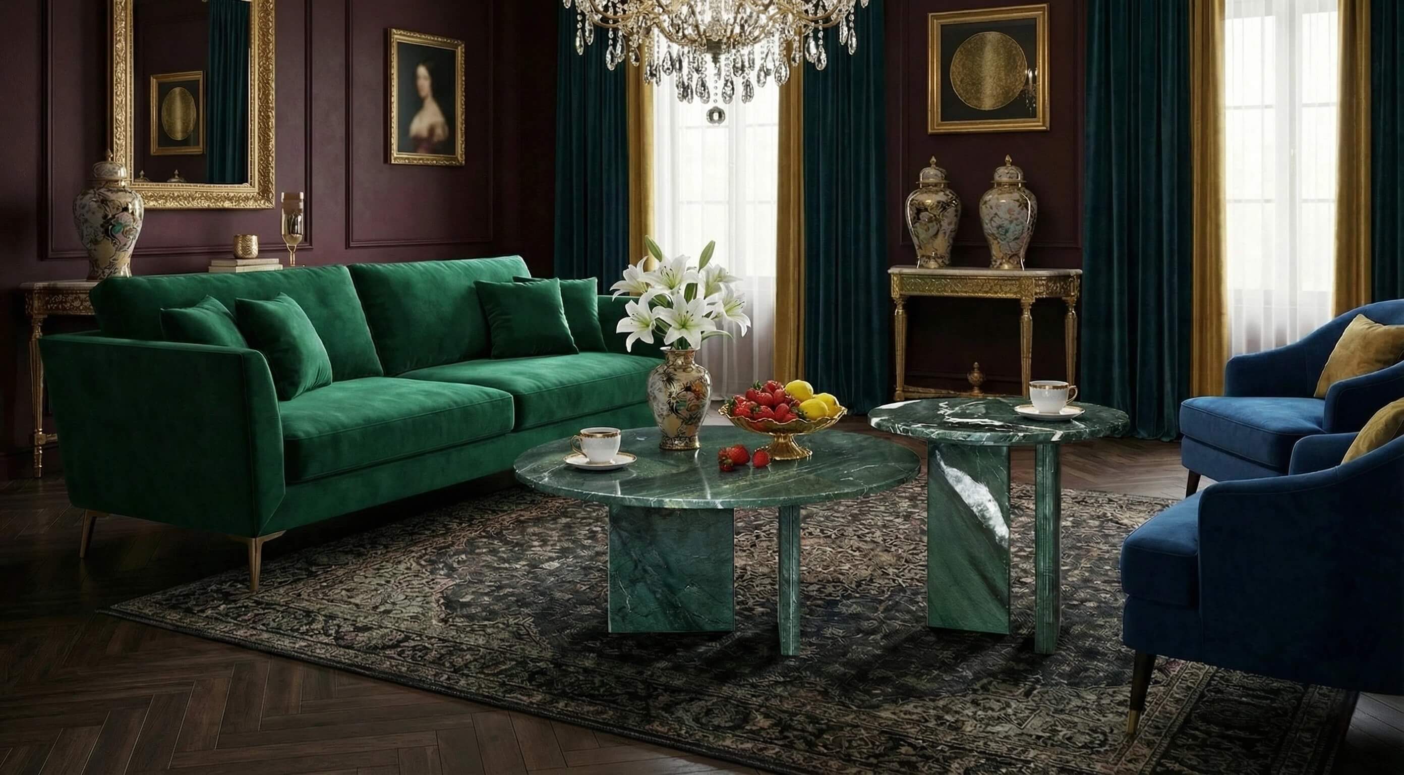 Close-up view detailing the overlapping nesting design and the rich, polished texture of the Diamond Green natural marble stone surface.