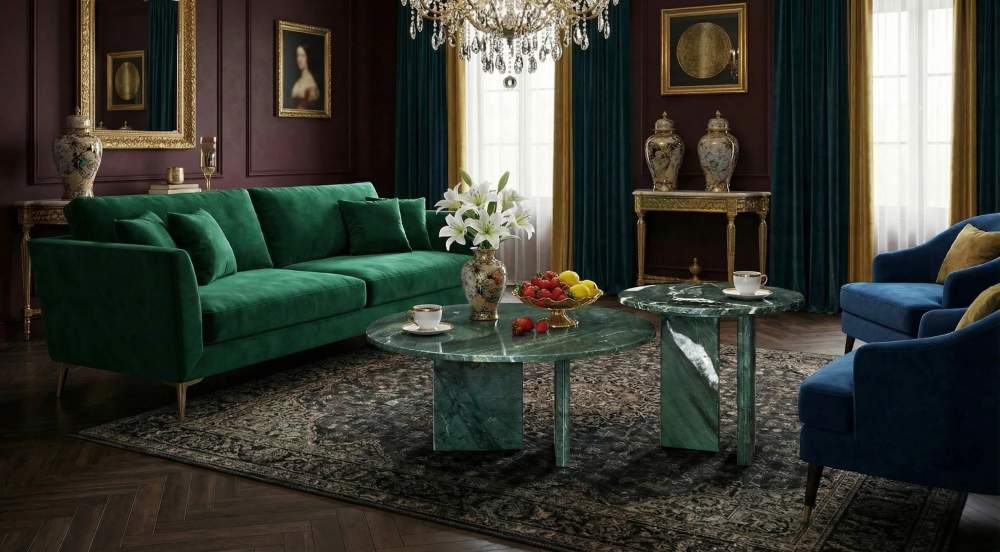 Close-up view detailing the overlapping nesting design and the rich, polished texture of the Diamond Green natural marble stone surface.