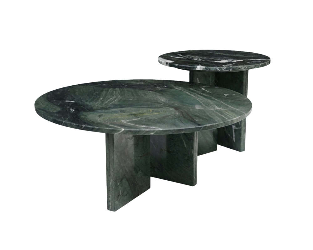Modern luxury green stone nesting tables with polished finish and architectural slab legs, designed for layered living room arrangements.