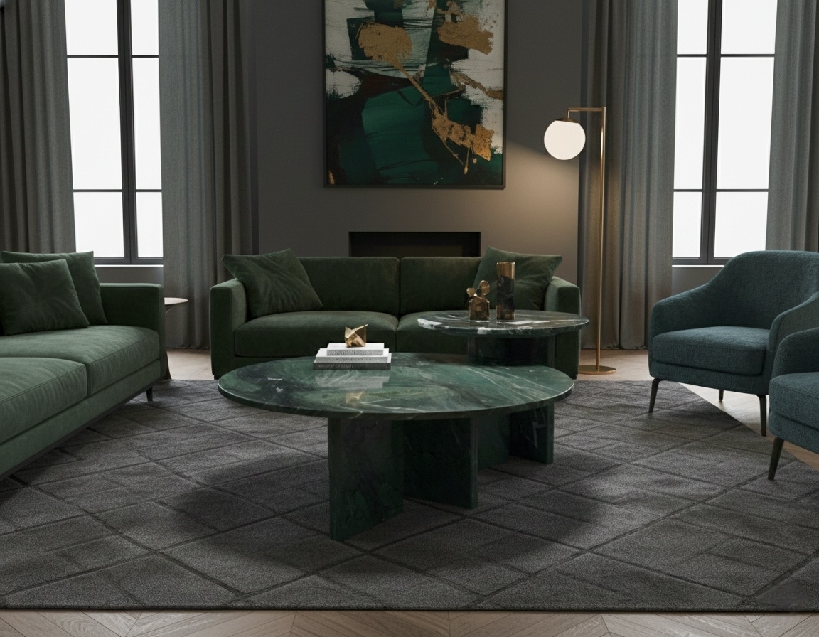 Monochromatic green living room decor idea: Emerald stone nesting tables paired with matching green sofas and rugs for a cohesive, nature-inspired luxury look.