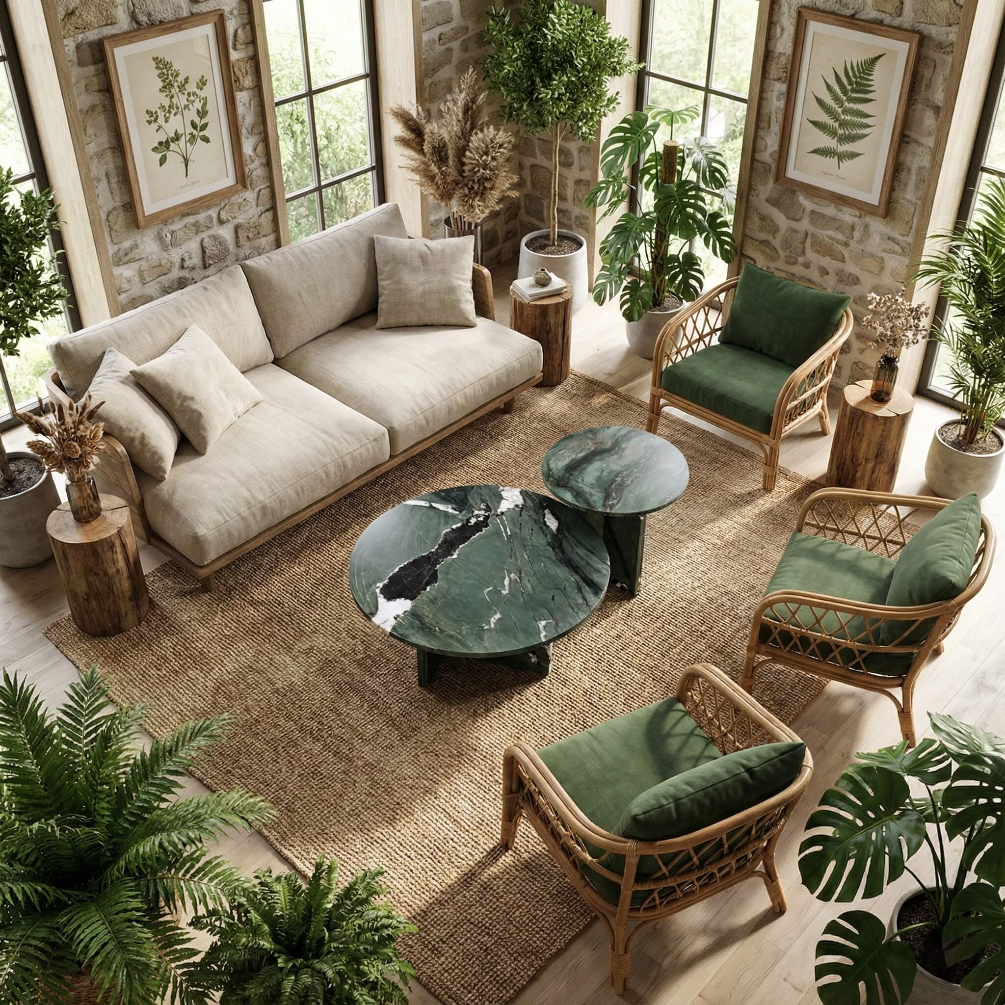Organic modern home styling with neutral linen sofas and rattan chairs, highlighting the 100% natural exclusive stone material of the nesting tables.
