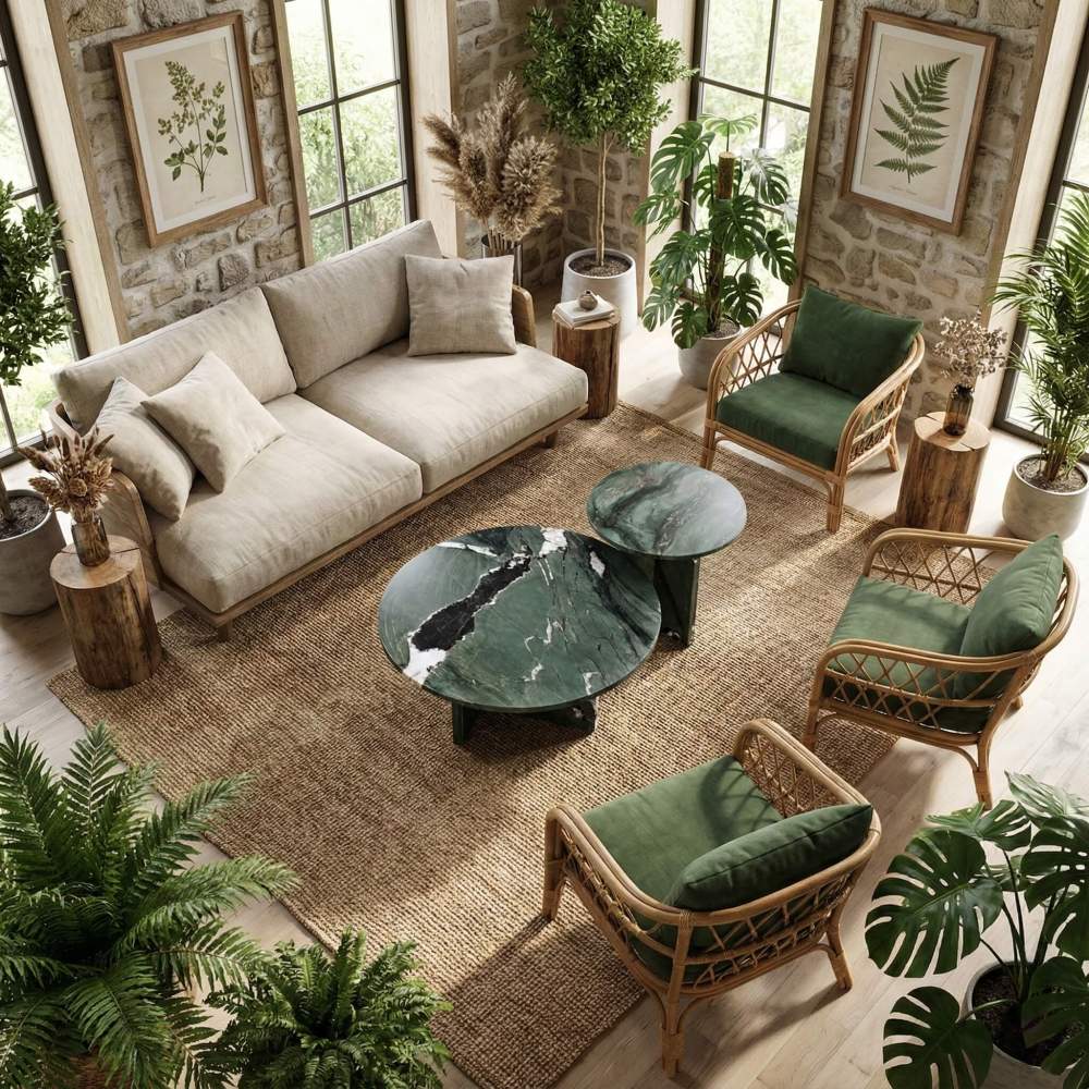 Organic modern home styling with neutral linen sofas and rattan chairs, highlighting the 100% natural exclusive stone material of the nesting tables.