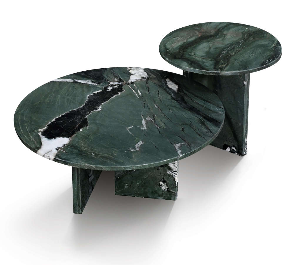 Top view of round diamond green marble coffee tables featuring exquisite white and black natural veining, showcasing 100% natural exclusive stone craftsmanship.