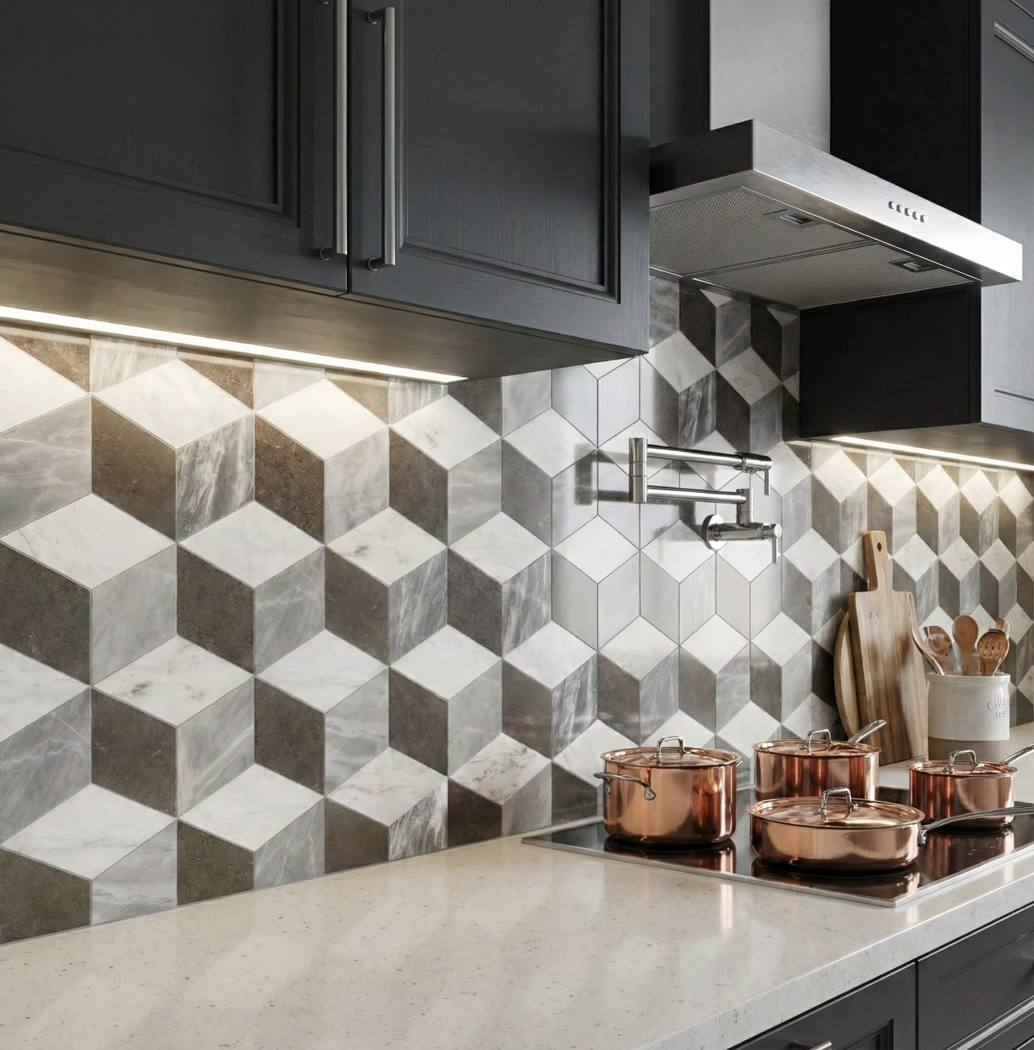Modern kitchen featuring a stunning geometric hexagon marble backsplash with a 3D cube pattern, perfectly complementing black cabinets and under-cabinet lighting.