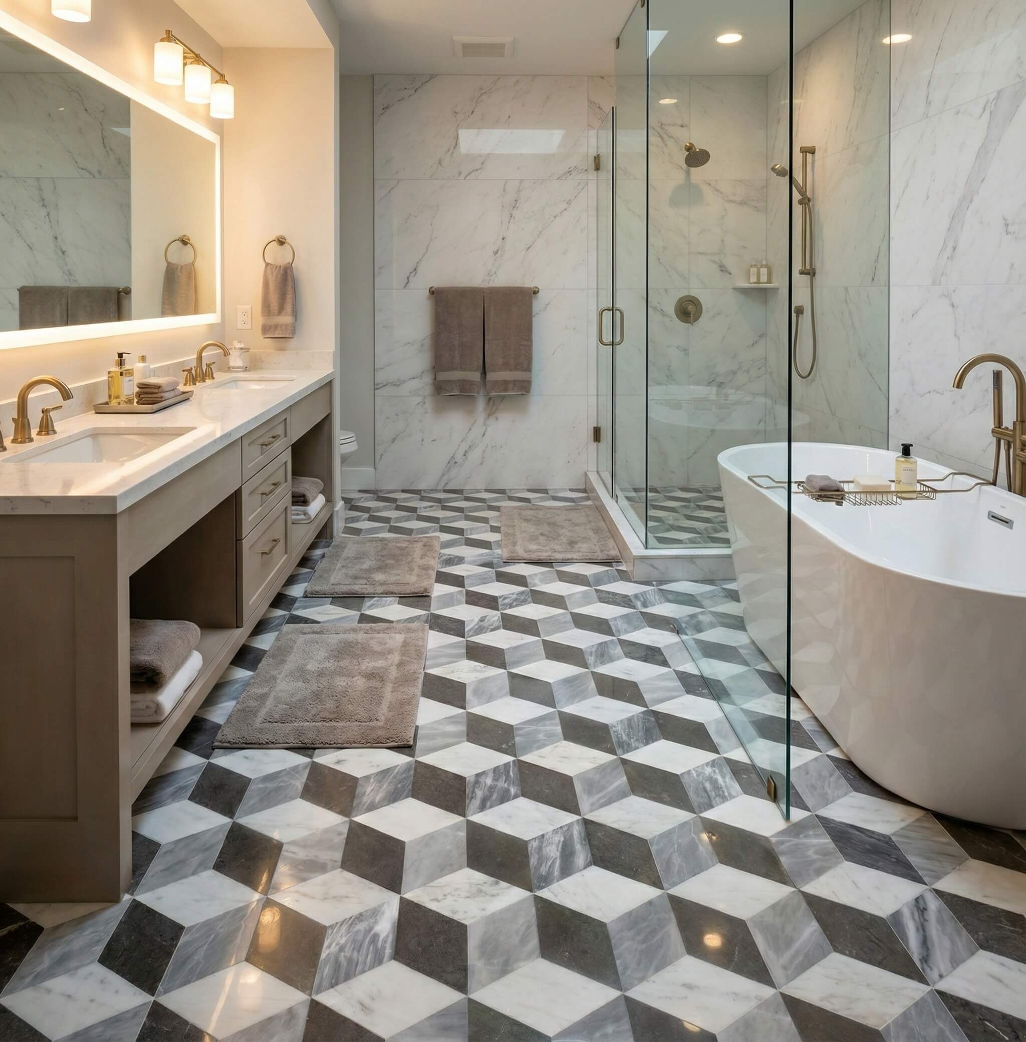 Spacious spa-like bathroom with hexagon waterjet marble floor tiles, featuring a seamless 3D cube pattern that extends into the glass-enclosed shower wet area.