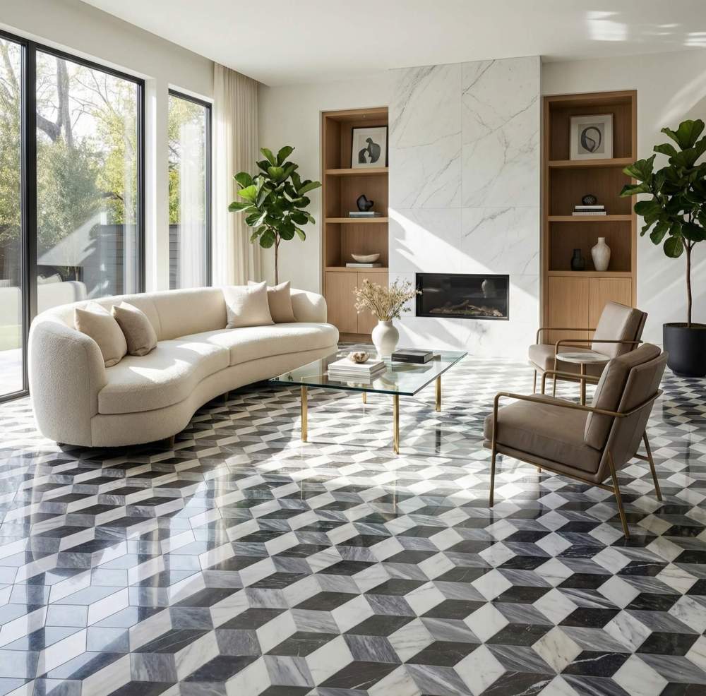 Sun-drenched contemporary living space featuring polished hexagon marble floor tiles that reflect natural light, enhancing the depth of the white, gray, and black stone.
