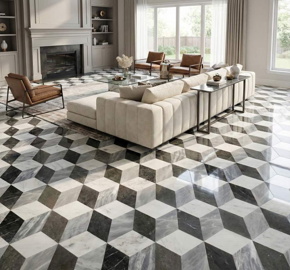 Spacious elegant living room design with extensive installation of hexagon waterjet marble tiles, creating a sophisticated geometric floor pattern leading to the fireplace.