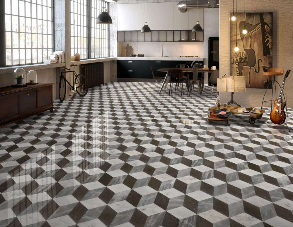 Industrial loft-style interior with large windows, where the high-gloss polished hexagon marble floor adds a touch of sophisticated luxury to the raw architectural elements.