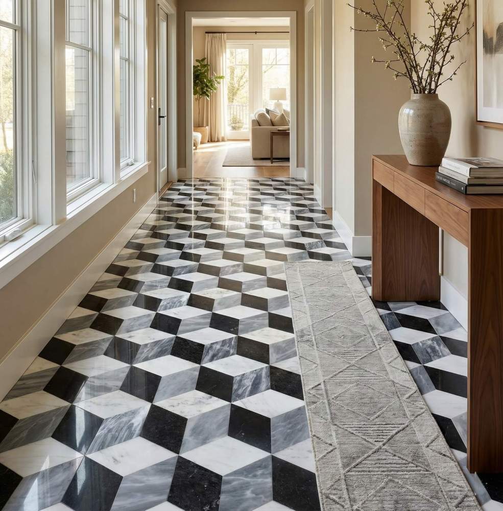 Spacious hallway corridor paved with polished white, gray, and black hexagon marble tiles, creating a visual runner effect that guides movement through the home.