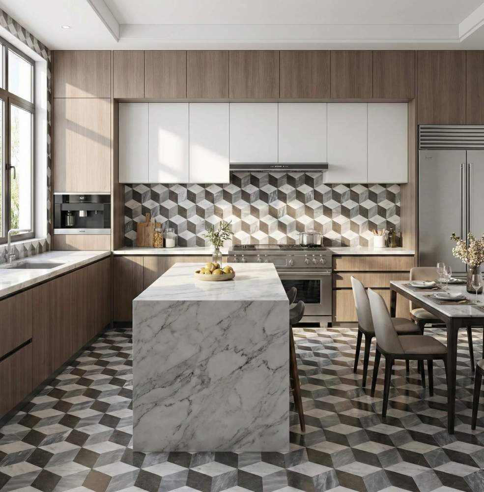 Luxury open-concept kitchen and dining area showcasing polished hexagon marble floor tiles that create a seamless 3D cube visual effect across the entire room.