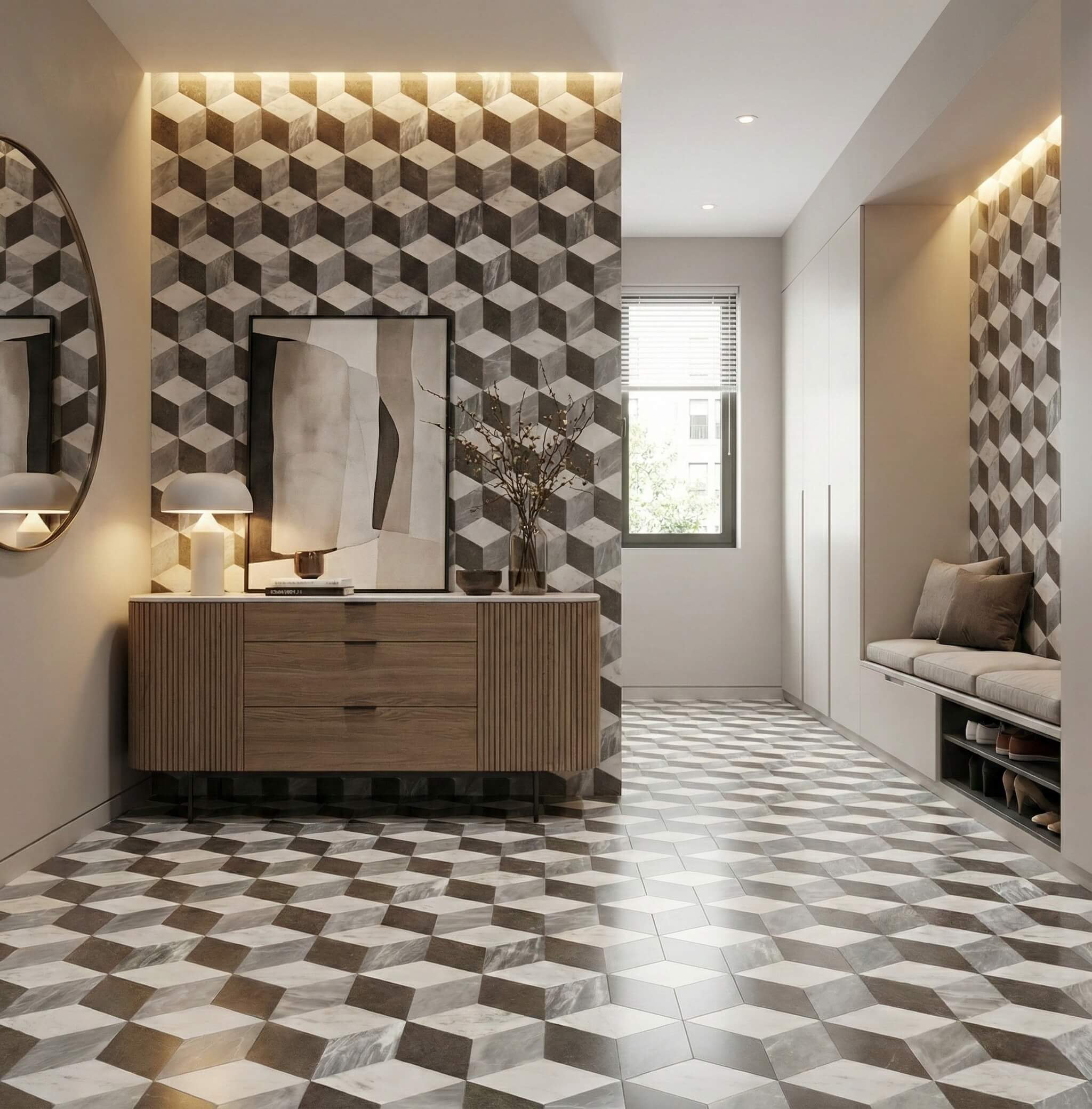 3D Cube Hexagon Marble Tile | Waterjet Mosaic Floor & Wall | 18mm