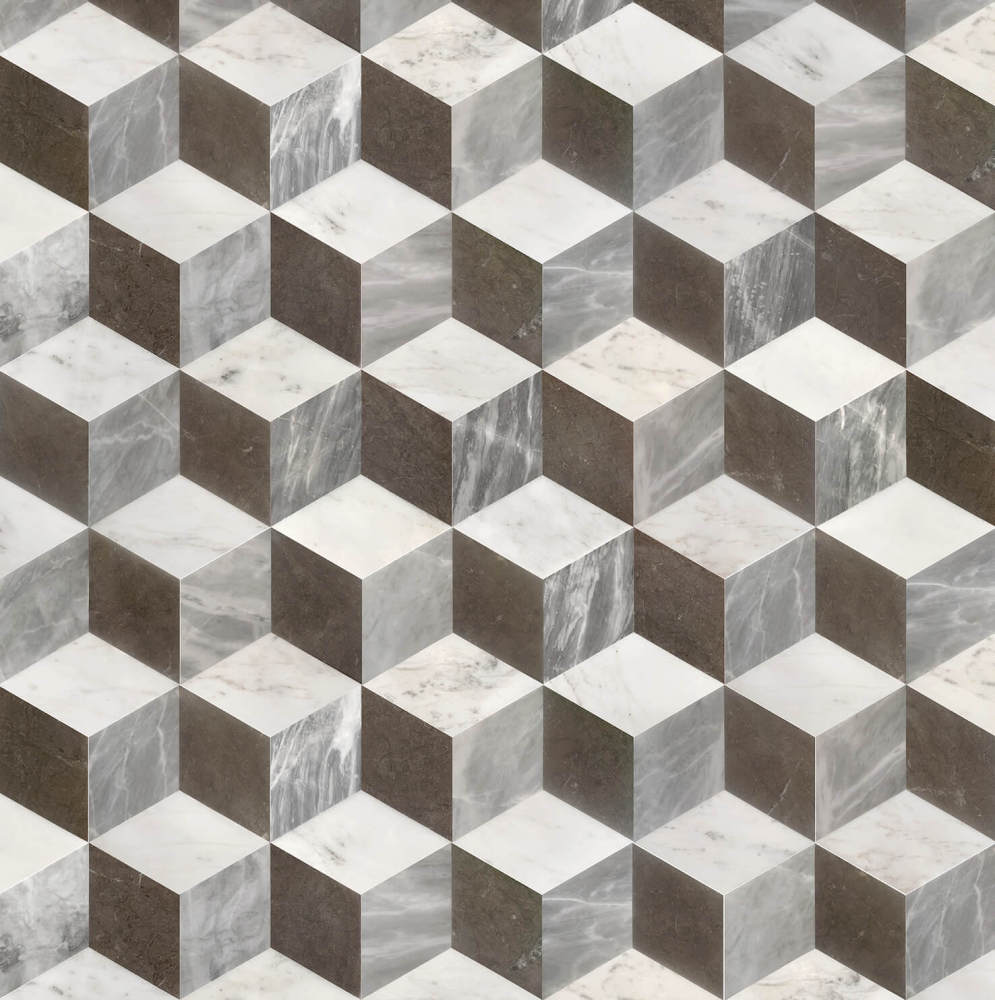 Top view of the seamless installation pattern, creating a stunning 3D optical illusion cube effect with white, gray, and black marble hexagon tiles for floors and walls.