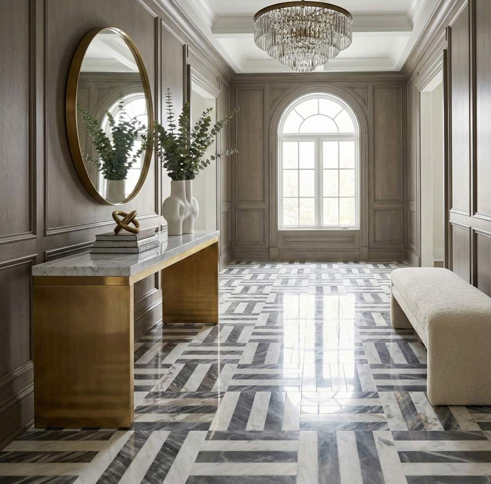 Grand entryway hallway showcasing the reflective quality of polished waterjet marble tiles, creating a welcoming and spacious first impression.