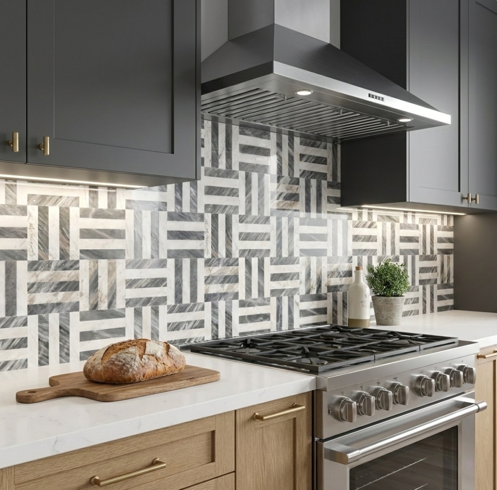 Close-up detail of the polished marble tile backsplash behind a kitchen range, highlighting the precise geometric pattern and easy-to-clean surface.