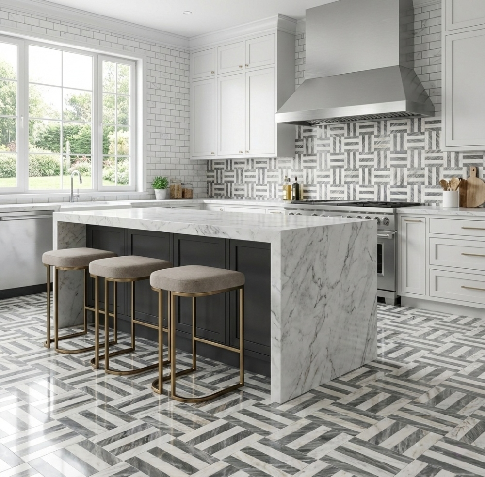 Modern kitchen application demonstrating a cohesive look with 12x12 waterjet marble tiles installed on both the flooring and the backsplash behind the island.