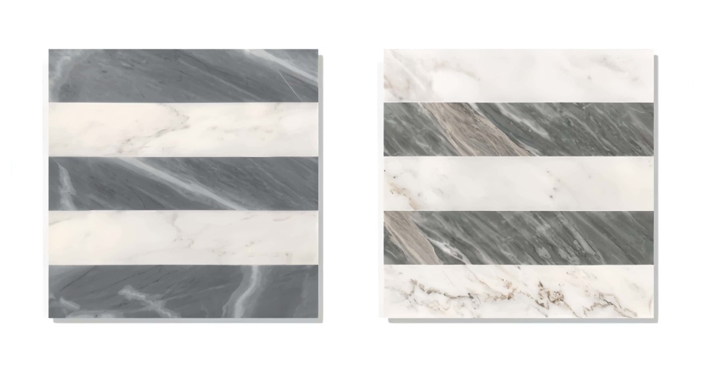 Pair of 12x12 Snow Mountain White and Carrara Gray waterjet marble tiles featuring contrasting geometric stripe patterns for floor and wall.