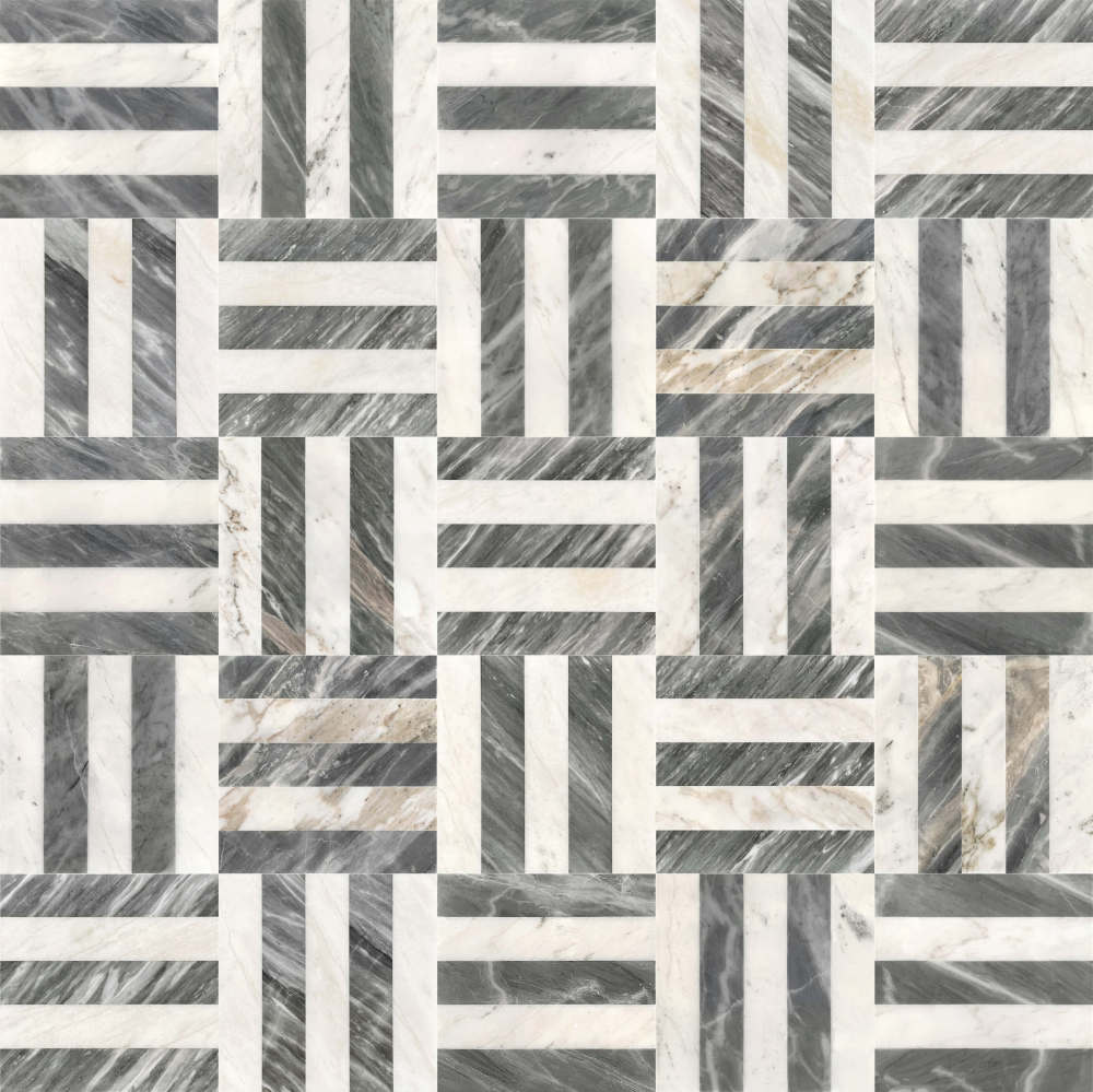 Top-down view of a full floor layout using striped white and gray marble tiles to create a sophisticated woven geometric pattern.