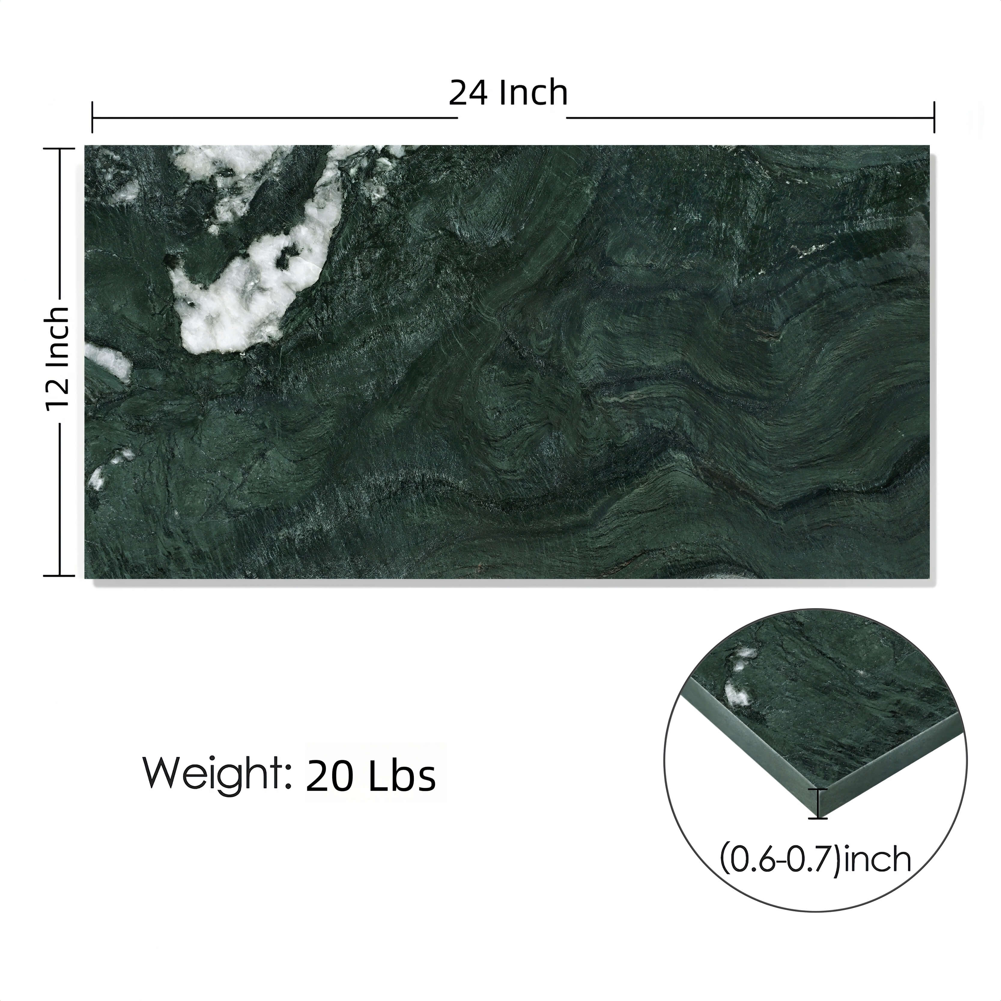 Technical specifications of Diamond Green marble tile showing 12x24 inch dimensions, standard 0.6-0.7 inch thickness, and 20 lbs weight per piece.