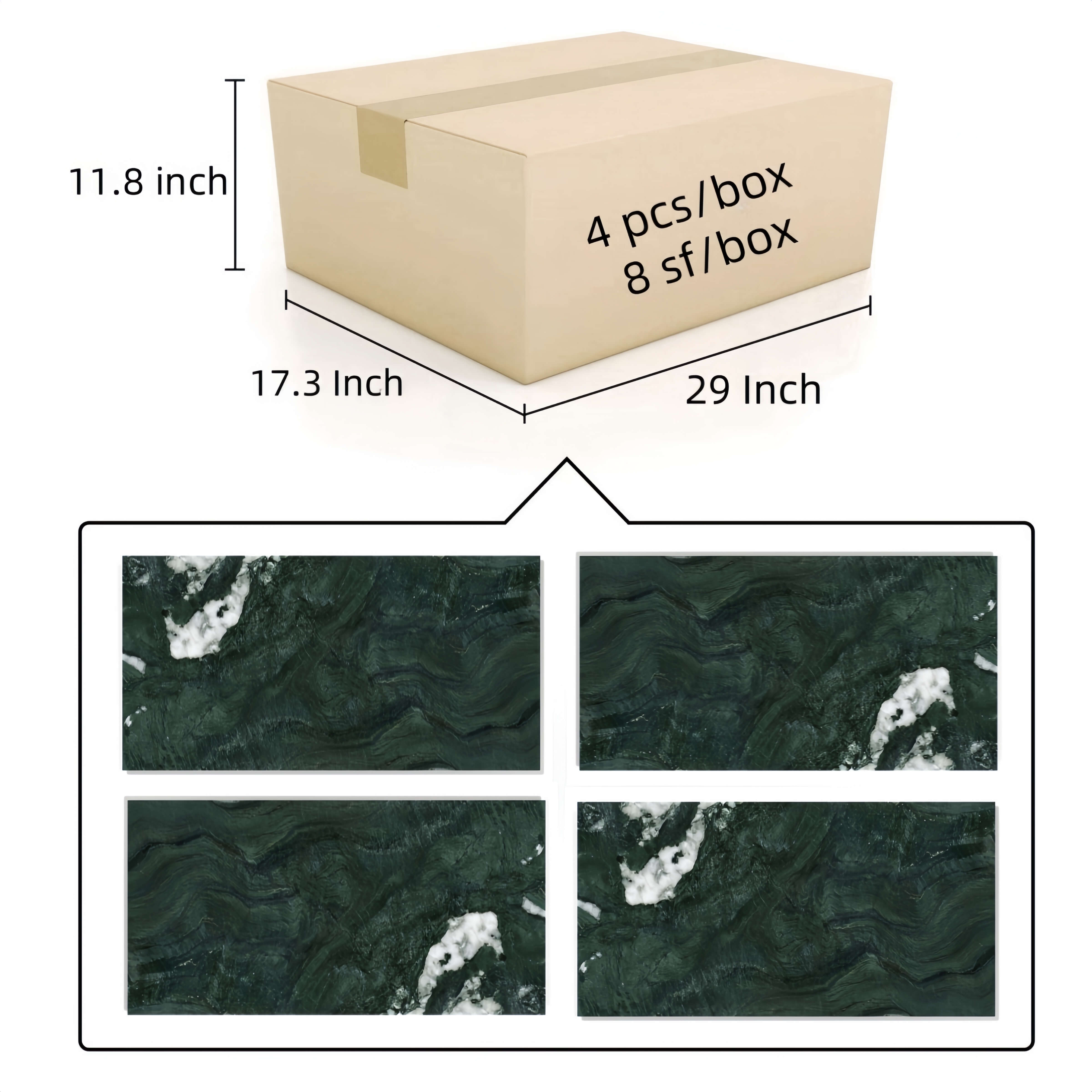 One box containing 4 pieces of Diamond Green natural marble tiles, covering 8 square feet. Shows natural pattern variation distinct to genuine stone.