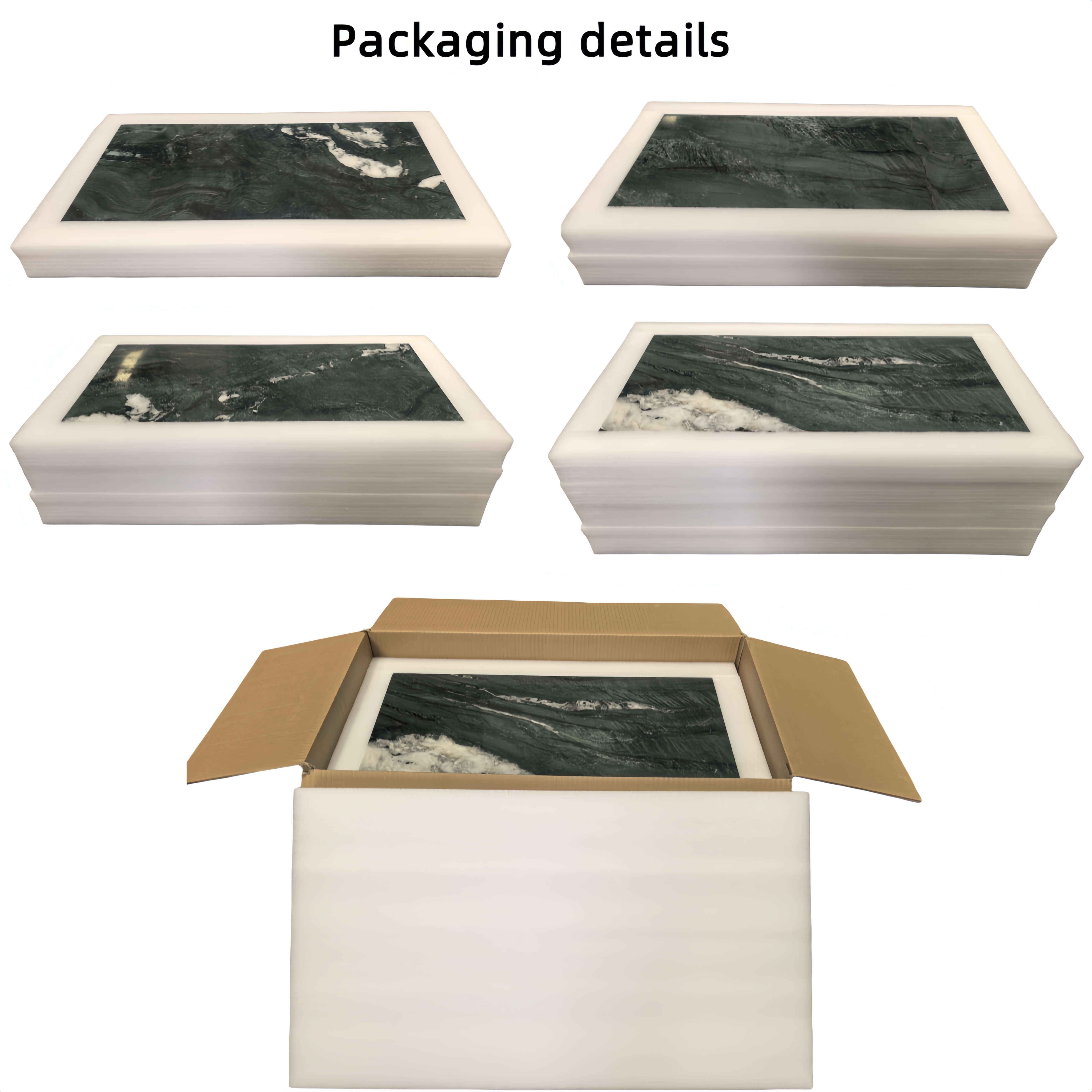 Multi-layer secure foam packaging for Diamond Green marble tiles to ensure damage-free delivery from USA warehouse to your door.