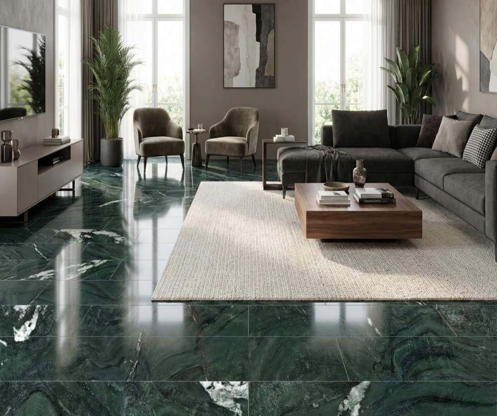 Spacious contemporary living room featuring Diamond Green polished marble flooring, reflecting natural light to enhance the open-concept modern interior design.